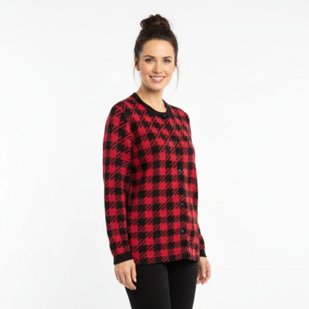 St. John Red & Black Herringbone Vintage Button Up Woven Knit Cardigan Sweater 8
